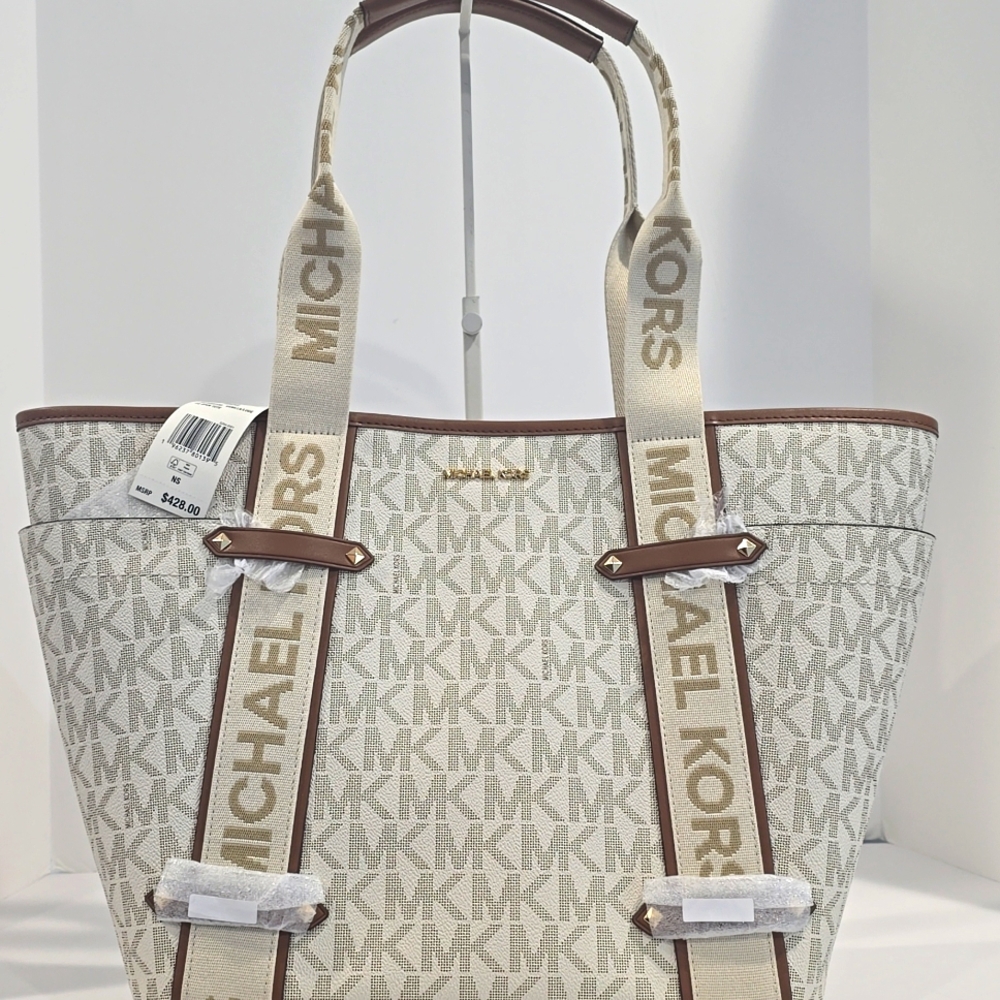 Michael Kors Beige Logo Canvas Tote with Brown Trim and Gold Accents